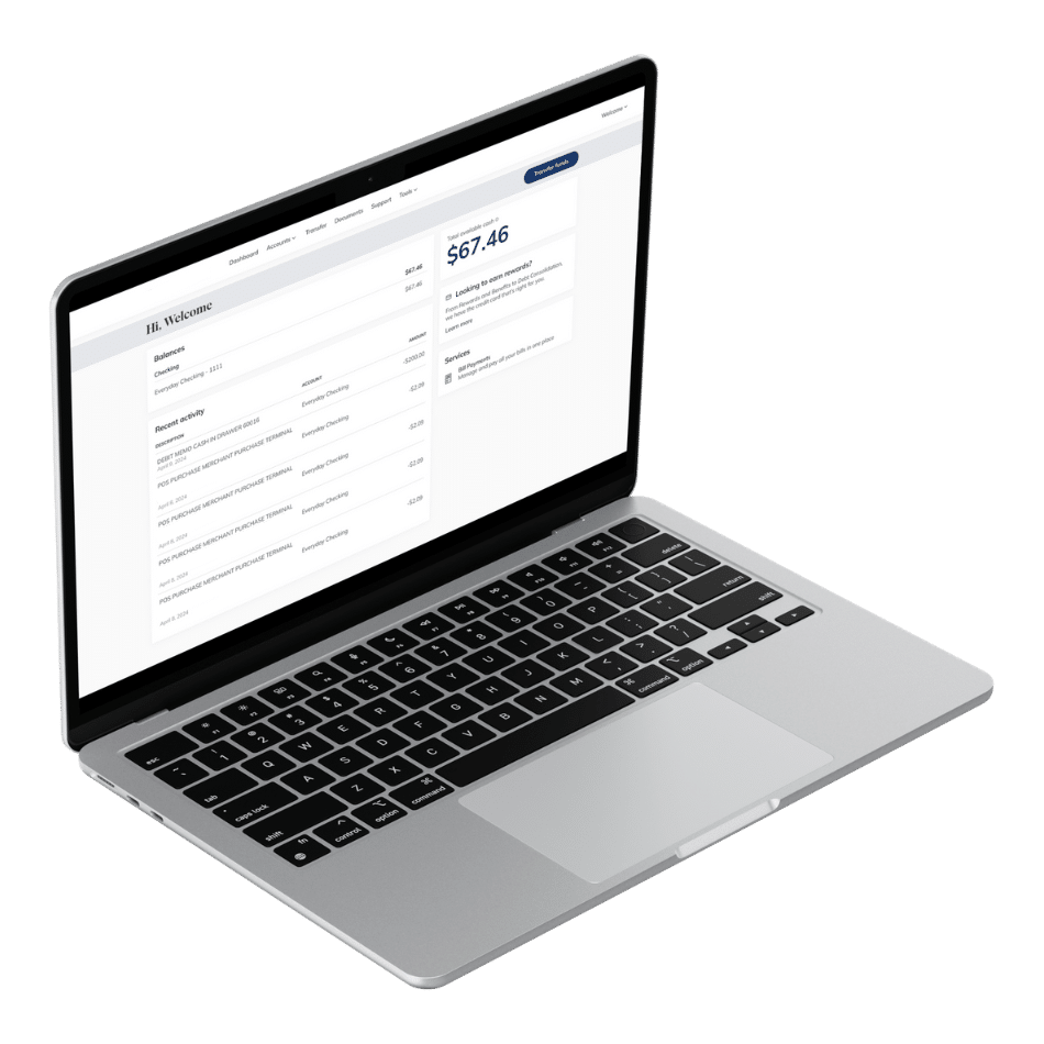 Laptop with online banking on screen