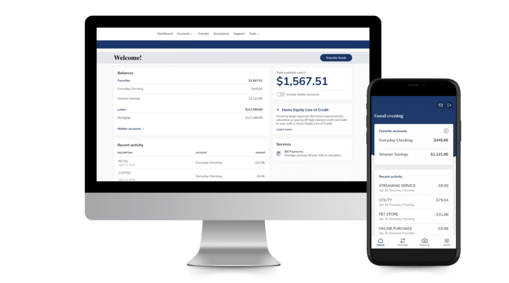 Desktop and phone screens with online banking