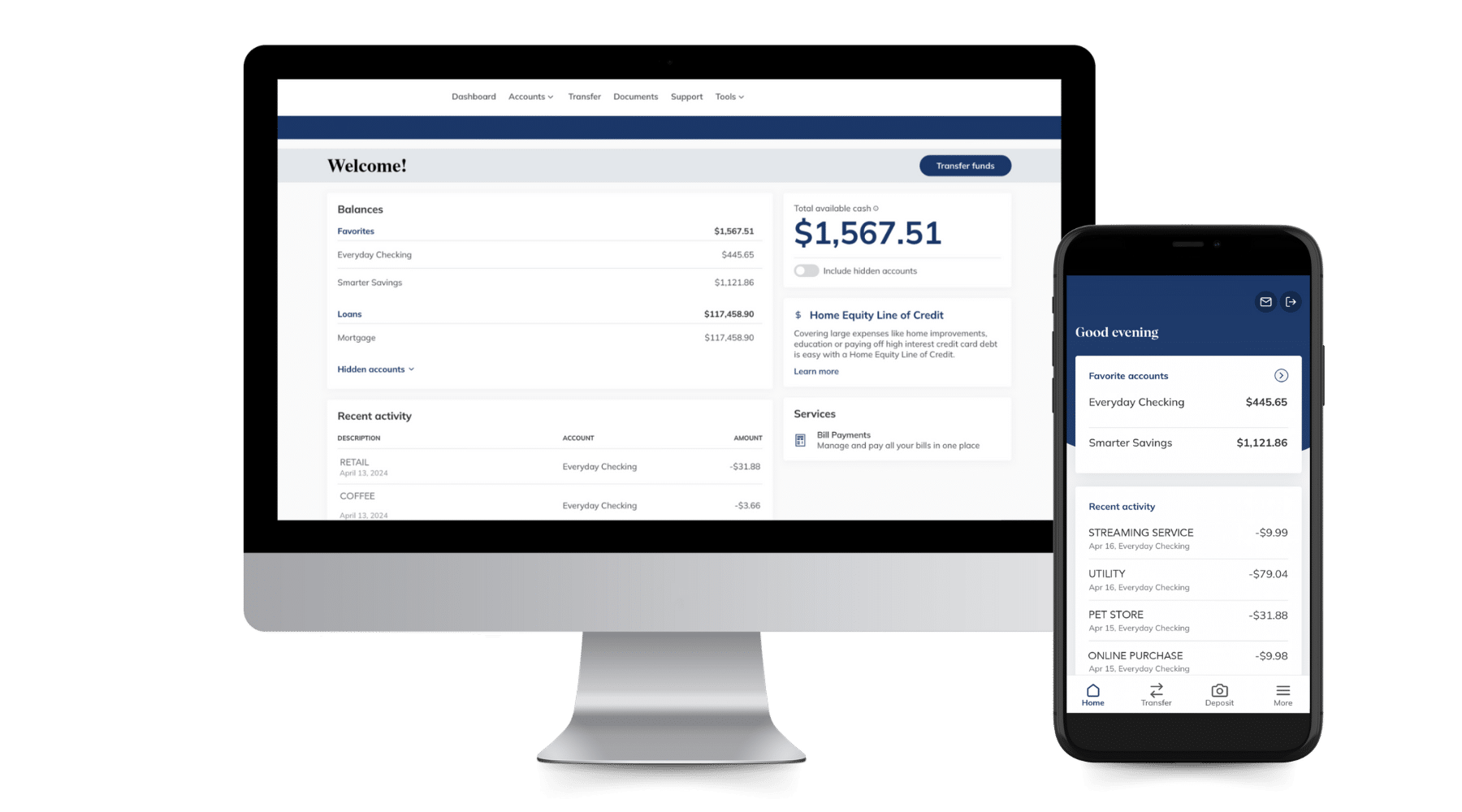 Desktop and phone screens with online banking